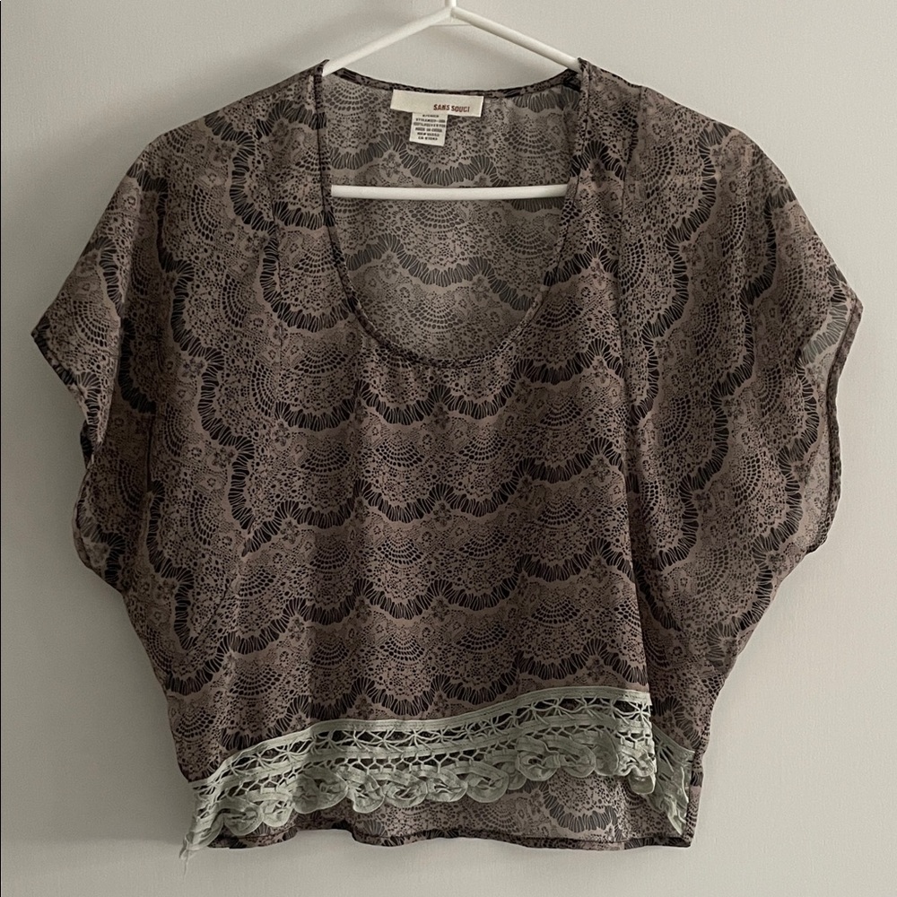 Taupe Printed Crop Top with Lace Hem